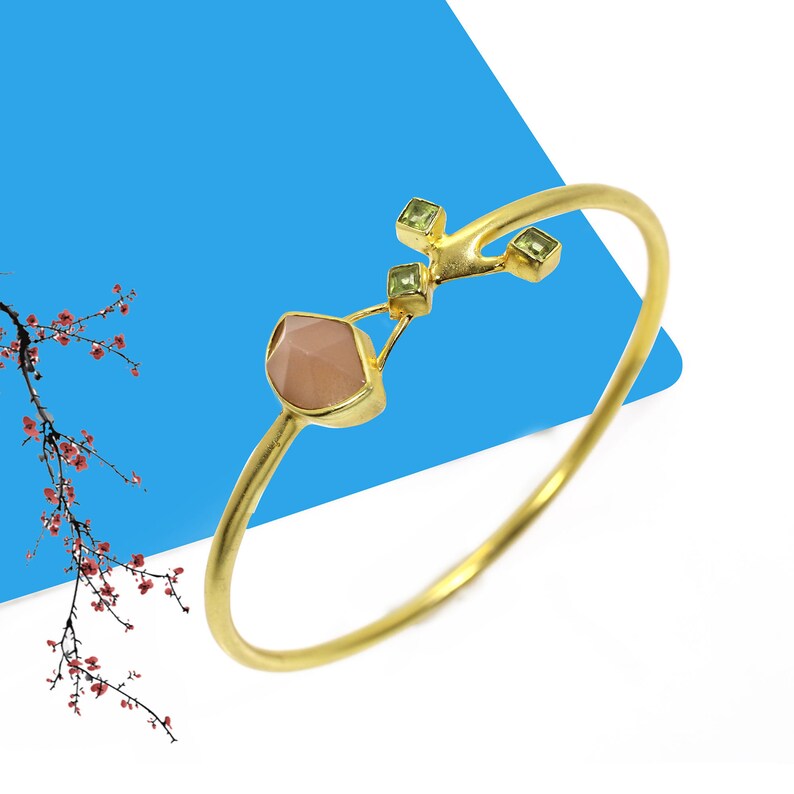 Peach Moonstone Gold Plated Brass Bangle