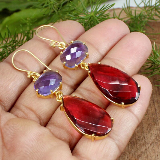 Amethyst & Pink Tourmaline Gemstone Gold Plated Earrings