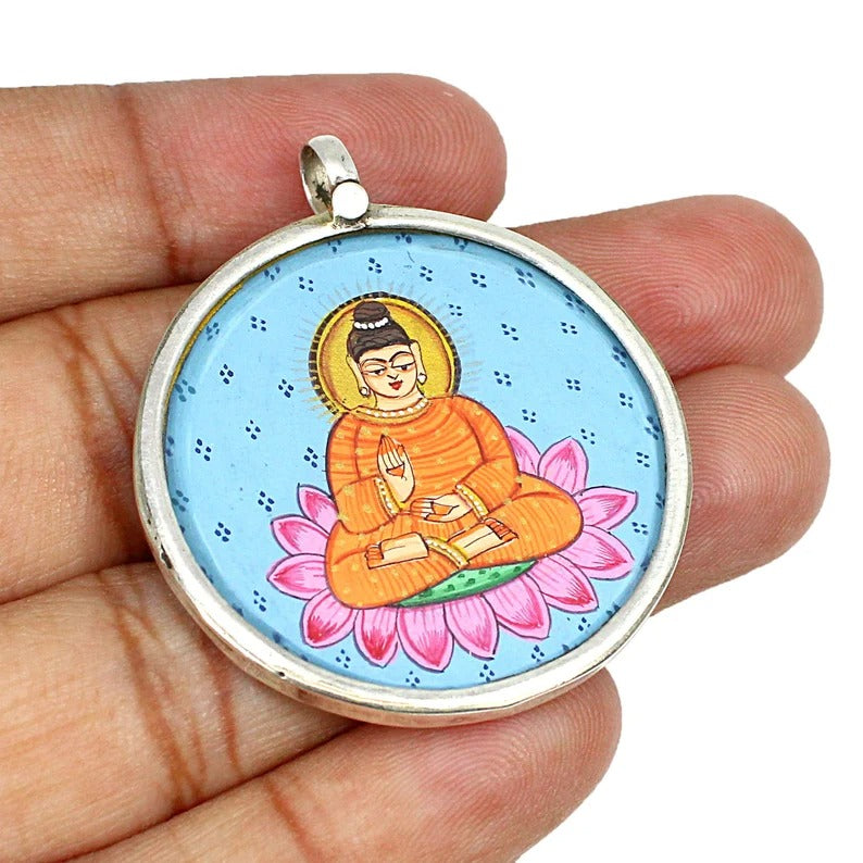 925 Sterling Silver Lord Buddha Painting-Glass Frame Pendant