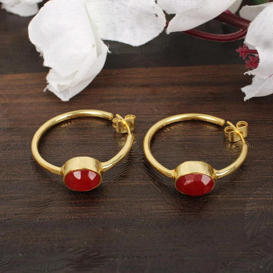 Red Jade  Hoops Earrings