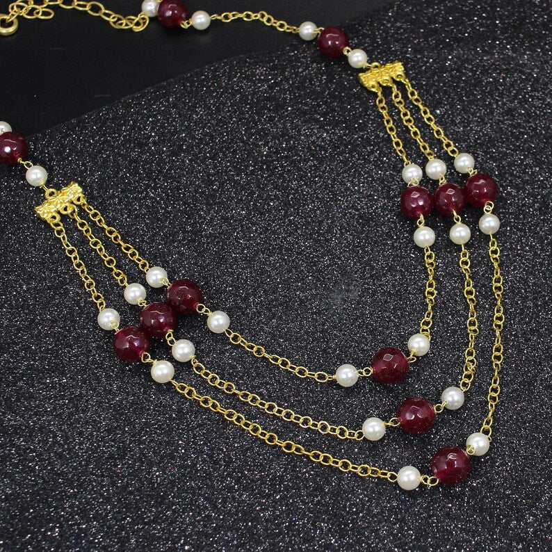 Ruby Beads & White Pearl Beaded Necklace