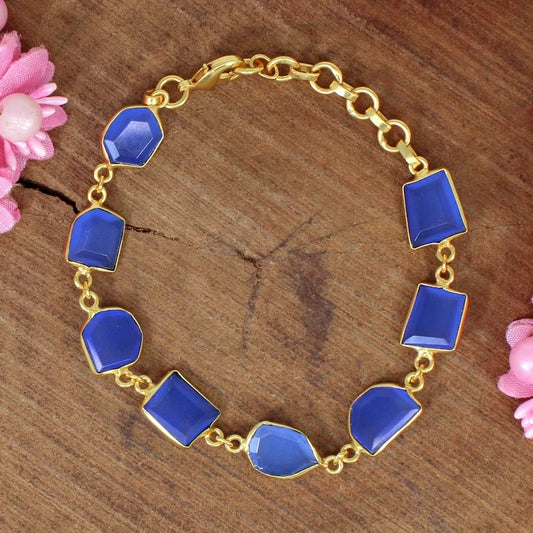 Blue Chalcedony Gemstone Gold Plated Bracelet