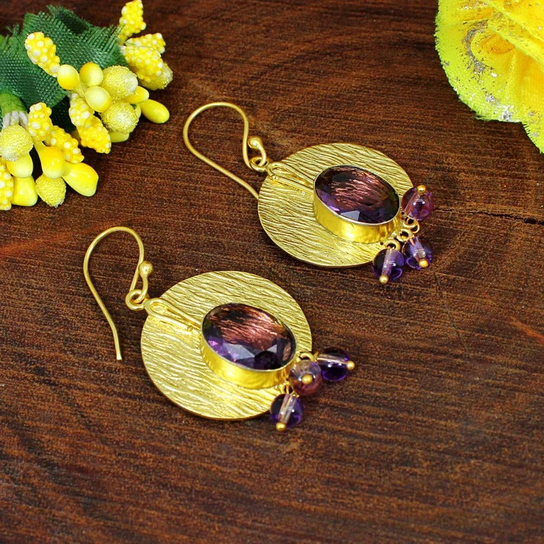 Amethyst Gemstone Gold PLated Gemstone Brass Earrings