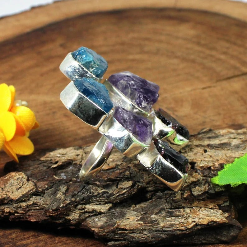 Multi Gemstone Unique Designer Sterling Silver Ring