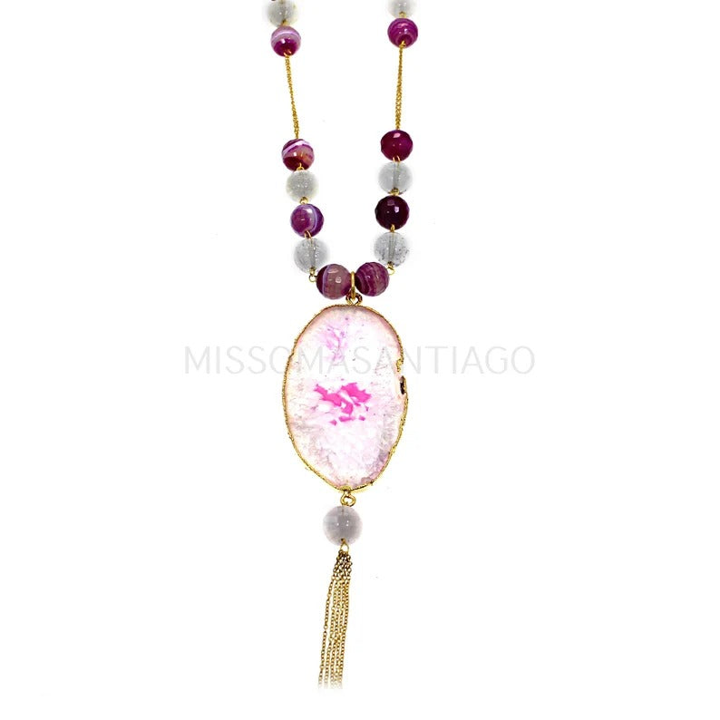 Pink Slice Agate Gemstone Gold Plated Necklace