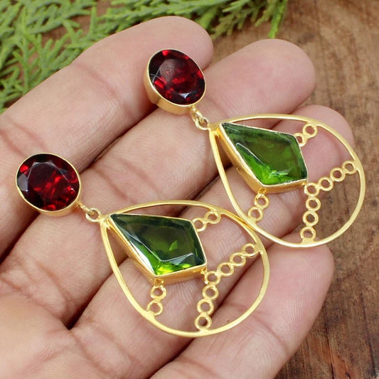 Peridot & Garnet Earrings Brass Dangle Earring