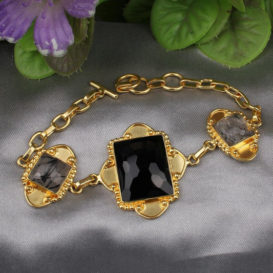 Black Onyx & Rutile Gemstone Brass Gold Plated Bracelet