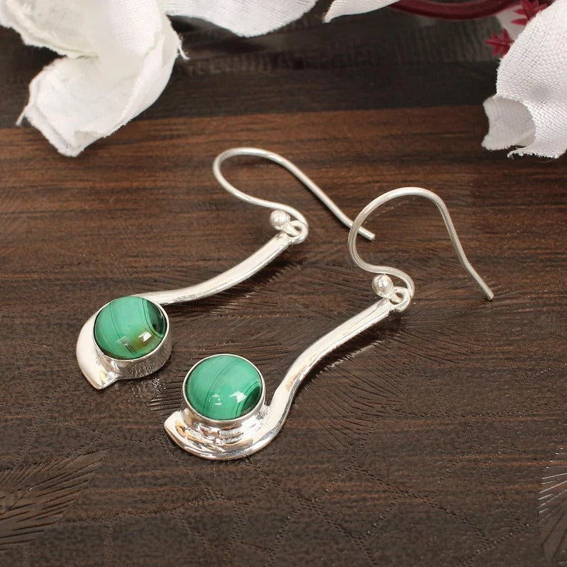 Malachite Gemstone Silver Plated Brass Earrings