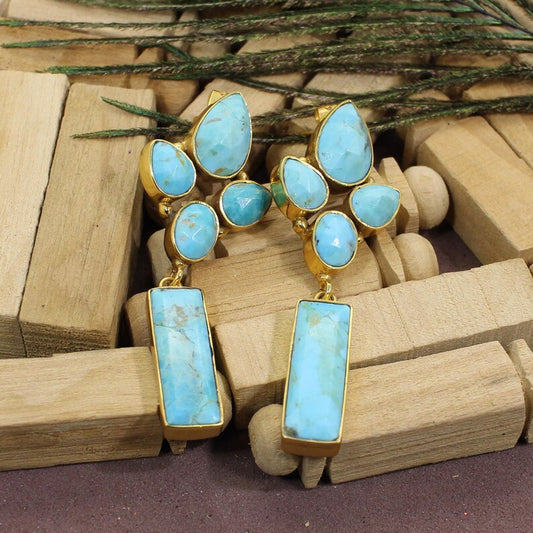 Turquoise Gemstone Brass Gold Plated Earrings