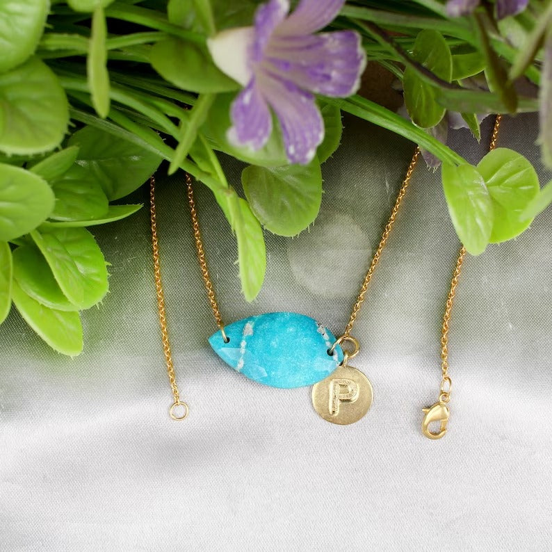 Natural Turquoise Gemstone With Initial Letter Necklace