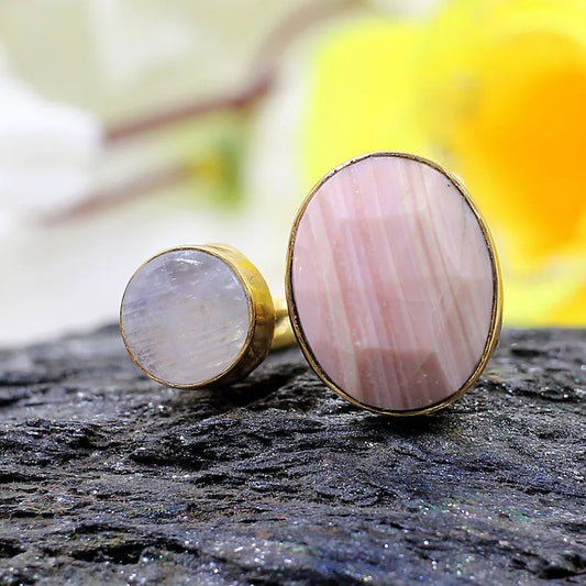 Natural Rainbow Moonstone & Rhodochrosite Gold Plated Brass Ring