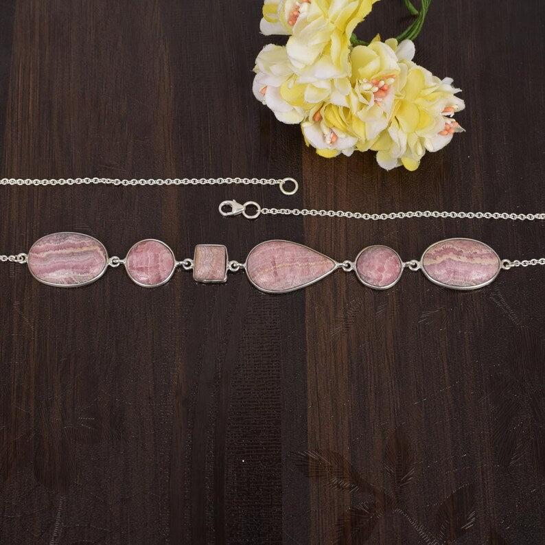 925 Sterling Silver Rhodochrosite Cabochon Necklace