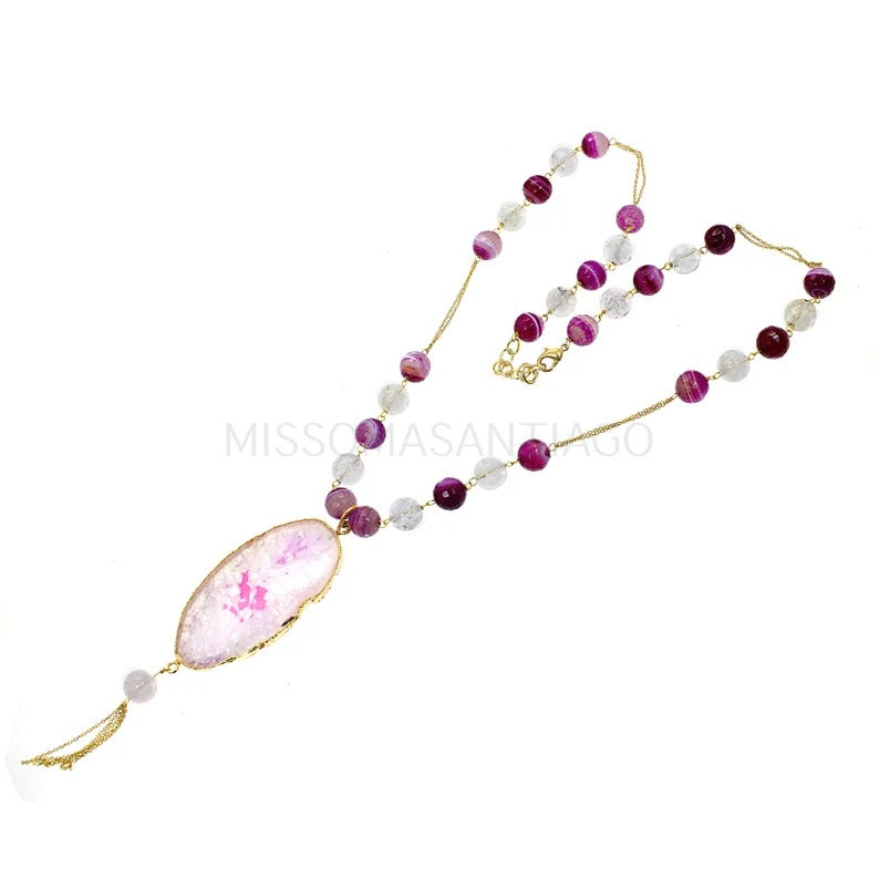 Pink Slice Agate Gemstone Gold Plated Necklace