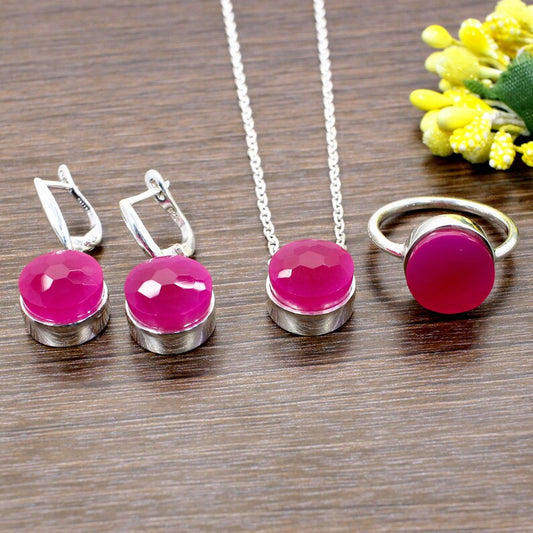 92.5 Sterling Silver Fuchsia Chalcedony Gemstone Jewelry Set