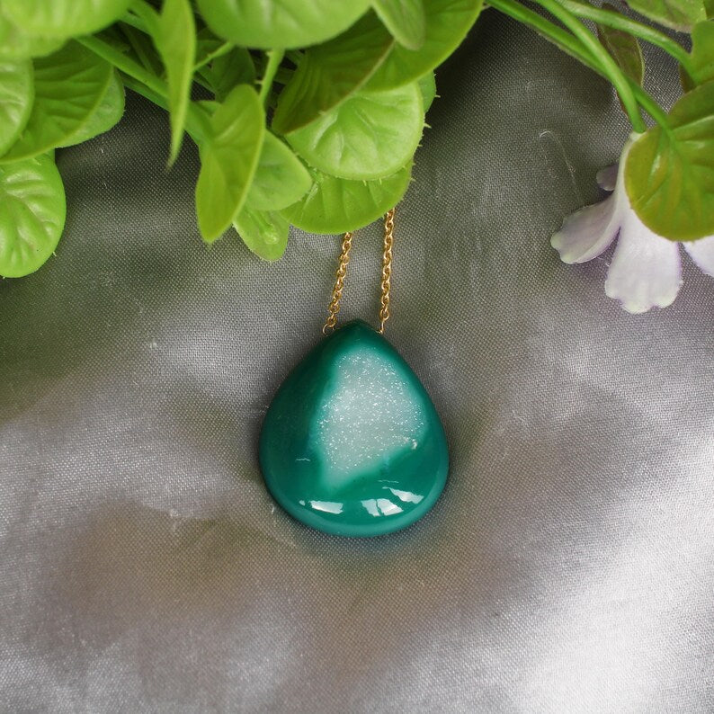 92.5 Sterling Silver Green Druzy Gemstone Necklace