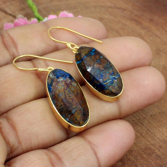 Chrysocolla Brass Gold Pated Earrings