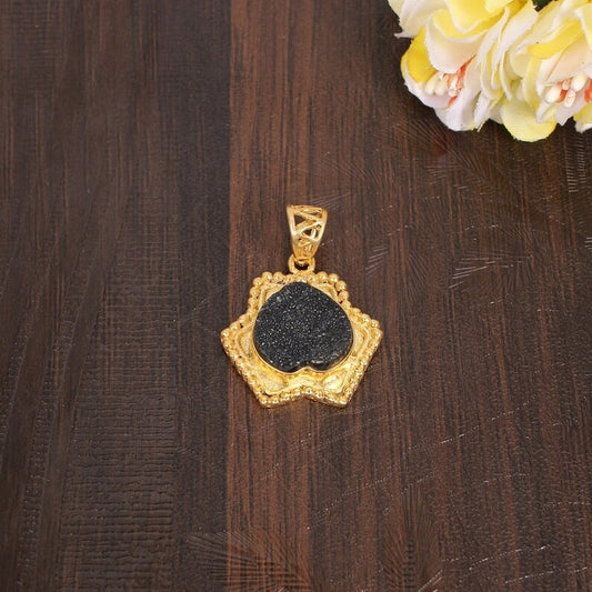 Gold Plated Black Druzy Pendant