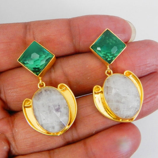 Apatite Hydro & Rainbow Moonstone Gold Plated Brass Earrings