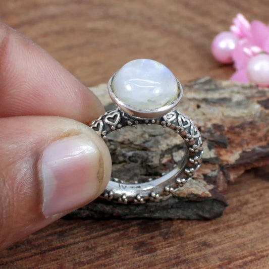 Rainbow Moonstone 92.5 Sterling Silver Ring