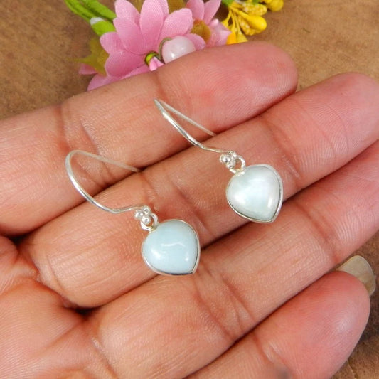 925 Sterling Silver Larimar 9mm Heart Shape Gemstone Earrings