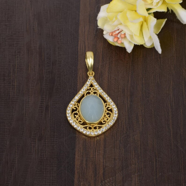 Aqua Chalcedony & Cubic Zirconia Gold Plated Pendant