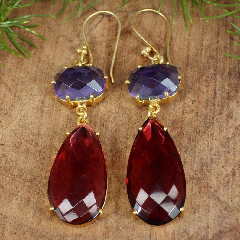 Amethyst & Pink Tourmaline Gemstone Gold Plated Earrings