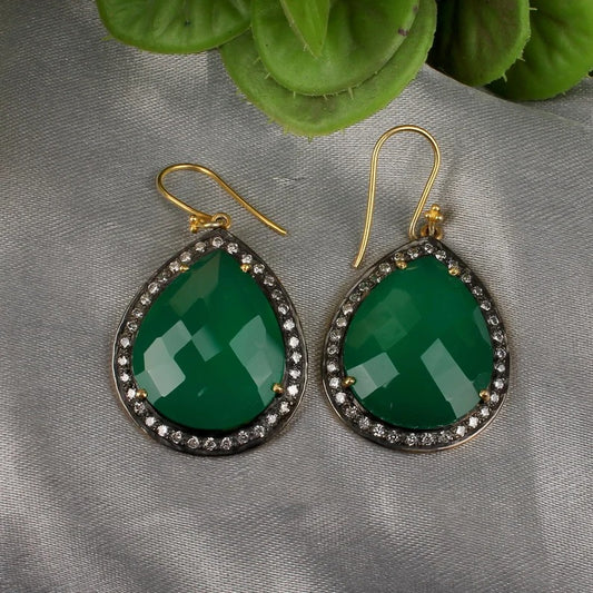 Natural Green Onyx And Cubic Zirconia Earrings