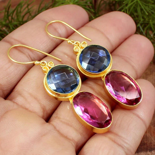 Blue Topaz & Pink Tourmaline Gold Plated Brass Earrings