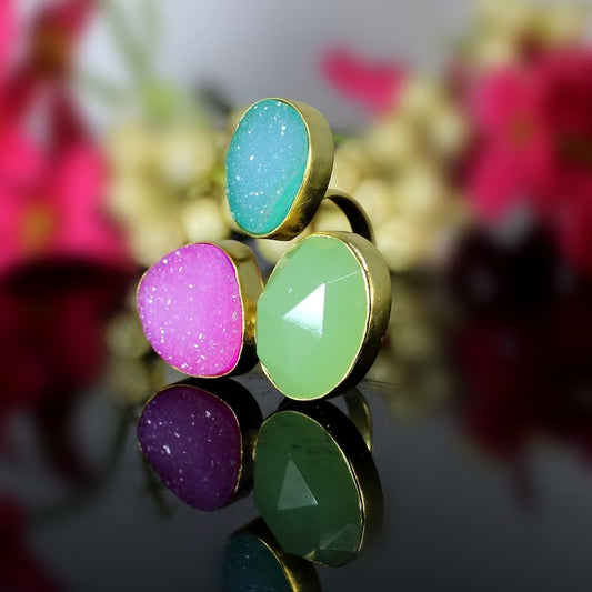 Green Druzy & Pink Druzy Adjustable Ring