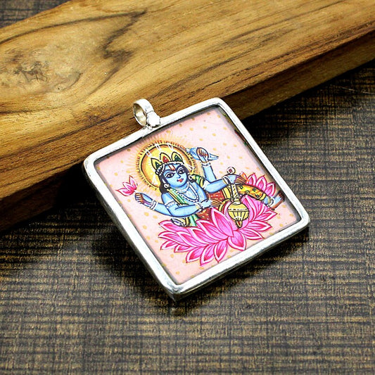 925 Sterling Silver Lord Vishnu Square Pendant