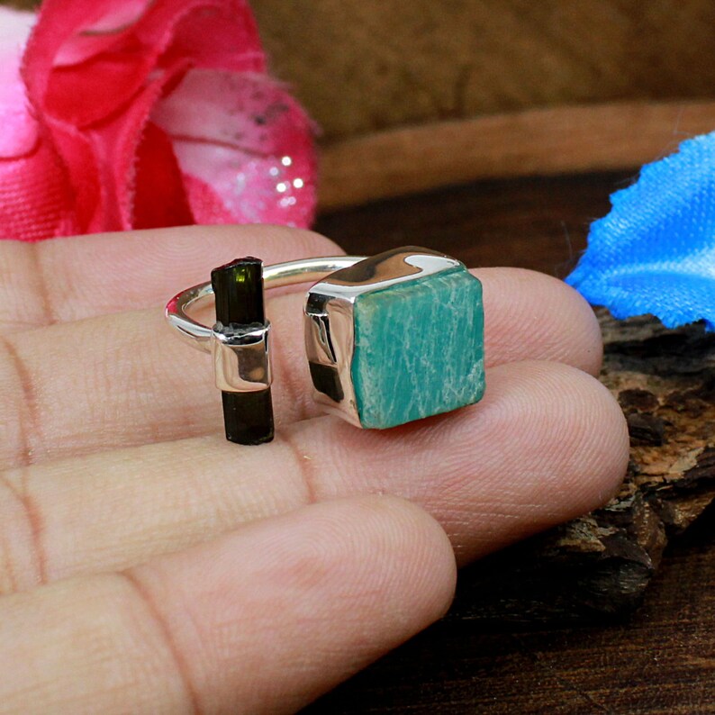 Natural Amazonite & Green Tourmaline Gemstone 92.5 Sterling Silver Ring