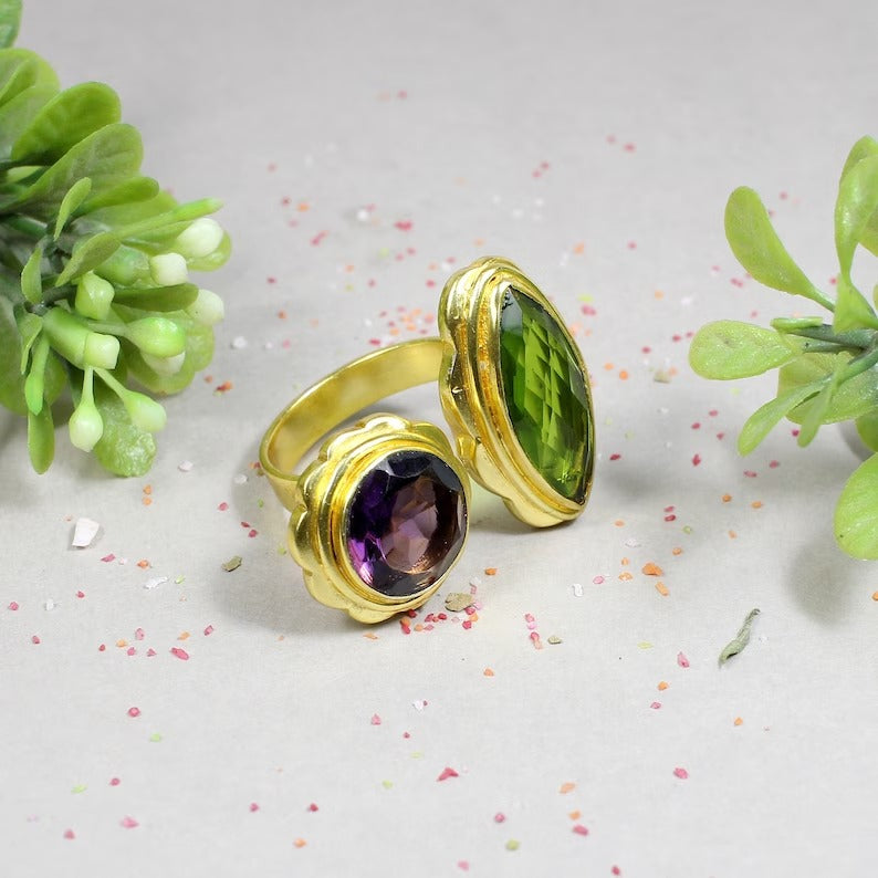 Peridot & Amethyst Gemstone Sterling Silver Ring