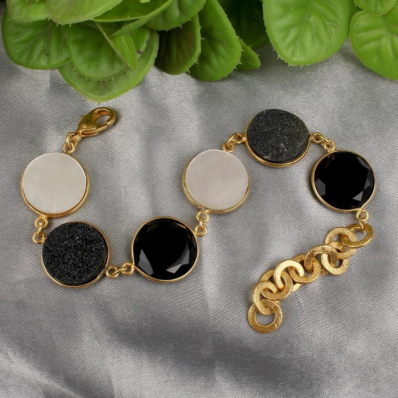 Natural Black Druzy And Mother Of Pearl Gemstone Bracelet