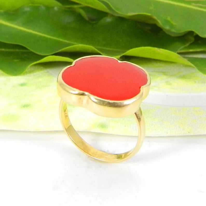 Red Coral Gemstone 92.5 Sterling Silver Ring