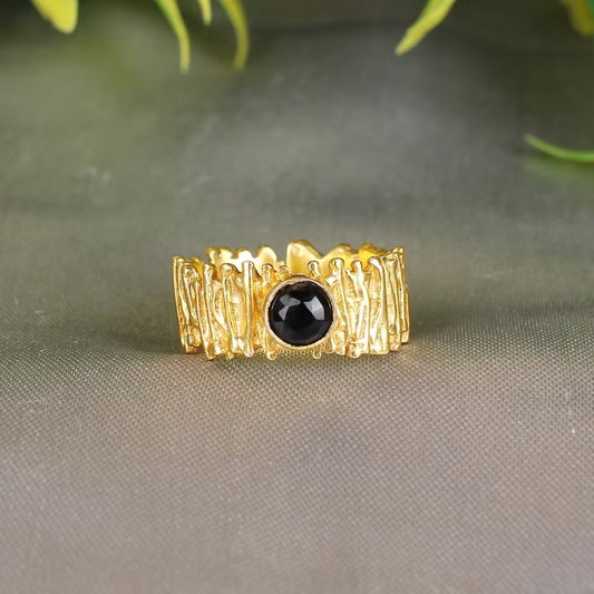 Natural Black Onyx Gold Plated Brass Ring