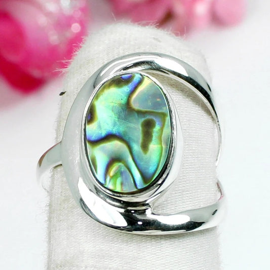 Natural Abalone Shell Gemstone 92.5 Sterling Silver Ring