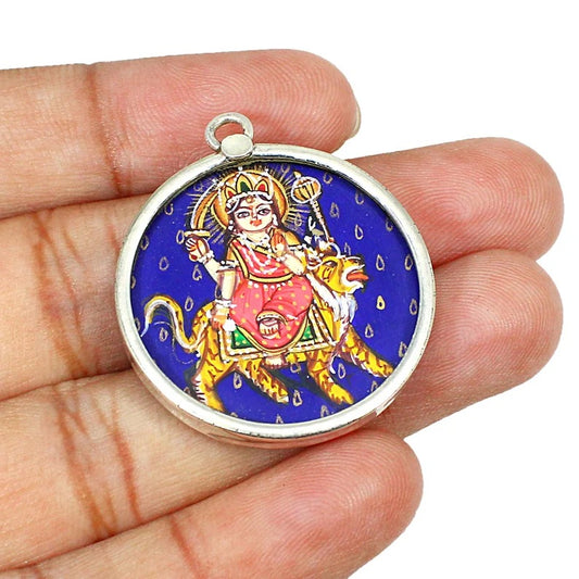 925 Sterling Silver Hand Painted Durga Painting Pendant