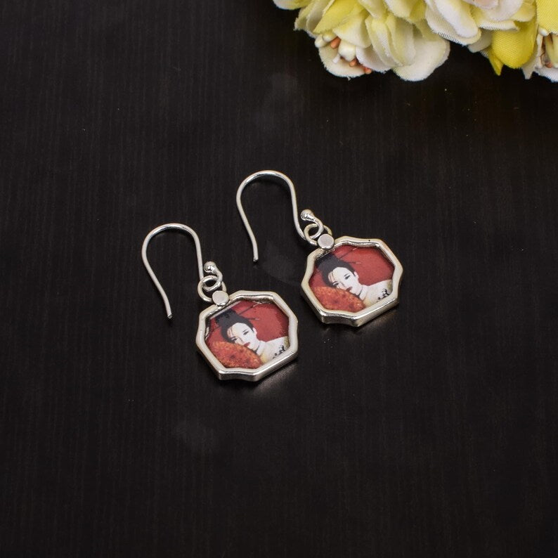 Japanese Doll Picture Handmade Painting 92.5 Sterling Silver Earrings