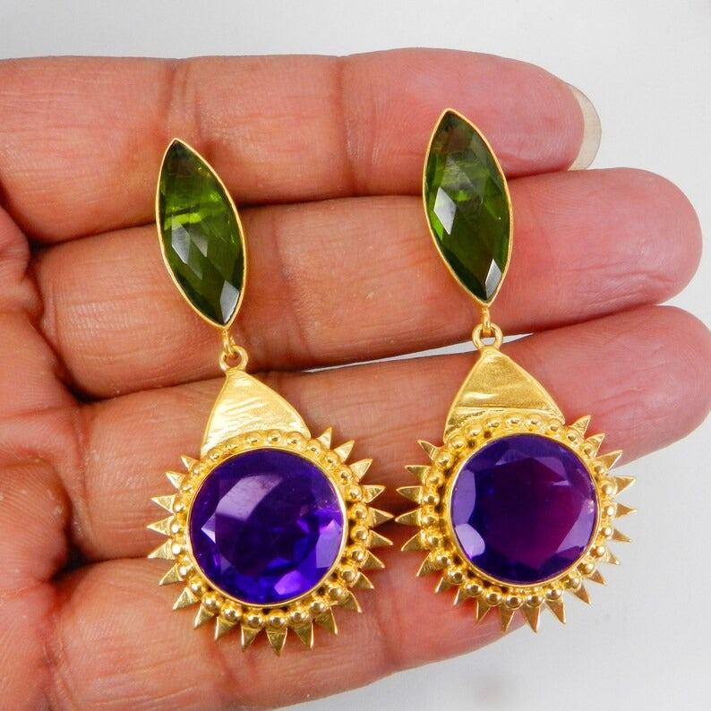 Gold Plated Peridot & Amethyst Gemstone Brass Earrings