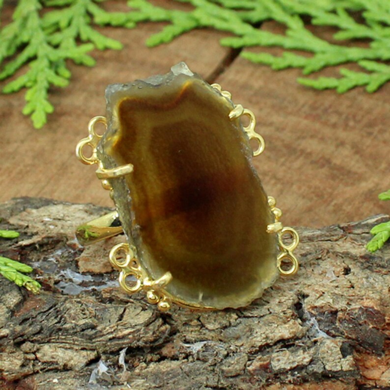 Natural Brown Slice Agate Gemstone Sterling Silver Ring