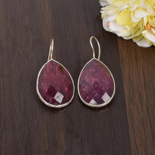 92.5 Sterling Silver Ruby Corundum Earrings