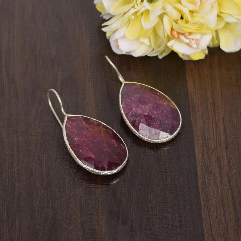 92.5 Sterling Silver Ruby Corundum Earrings