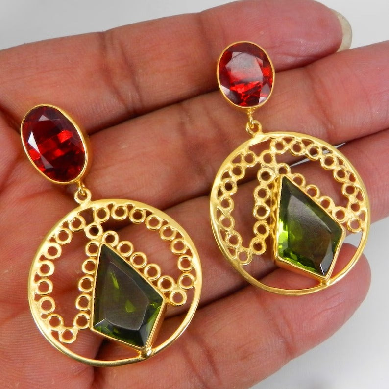 Peridot & Garnet Gemstone Gold Plated Designer Earrings