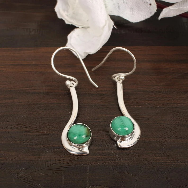 Malachite Gemstone Silver Plated Brass Earrings