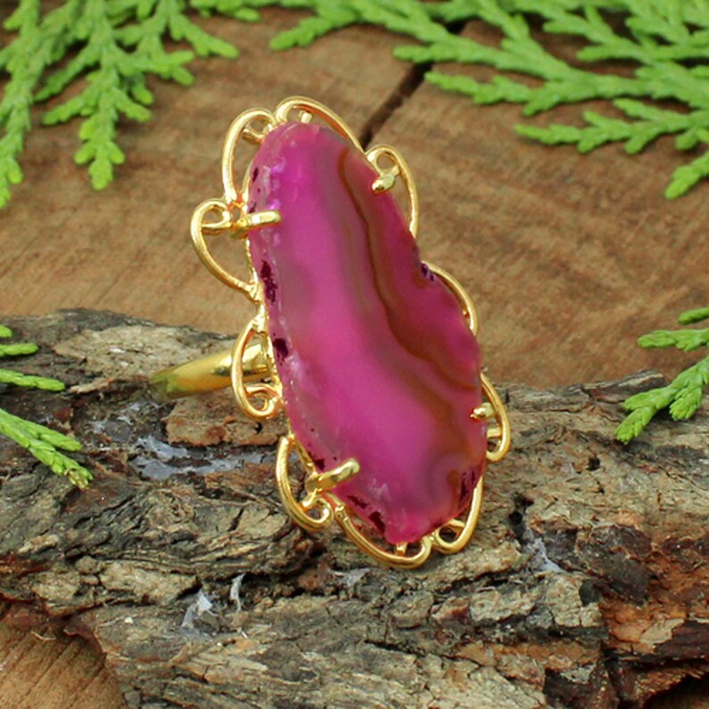 Natural Pink Slice Agate Gemstone Sterling Silver Ring