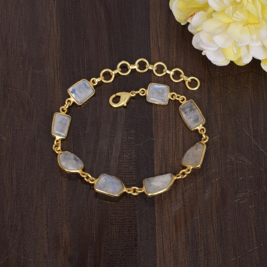 Rainbow Moonstone Gold Plated Brass Bracelet