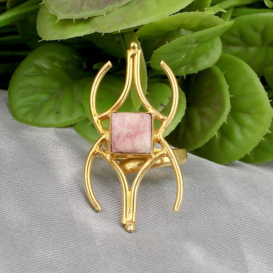 Gold Plated Natural Rhodochrosite Brass Ring