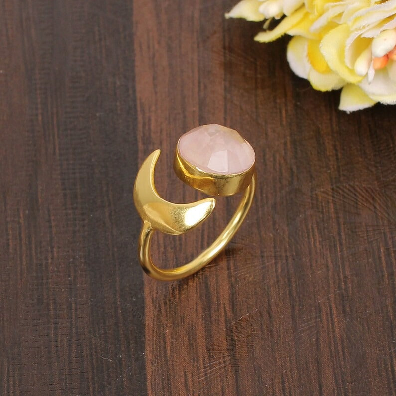 Rose Quartz Half Moon Brass Ring