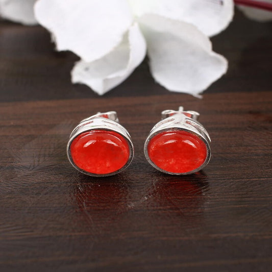 Red Jade Gemstone Silver Plated Brass Studs