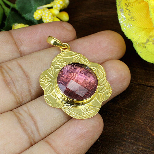 Pink Tourmaline Gemstone Brass Pendant